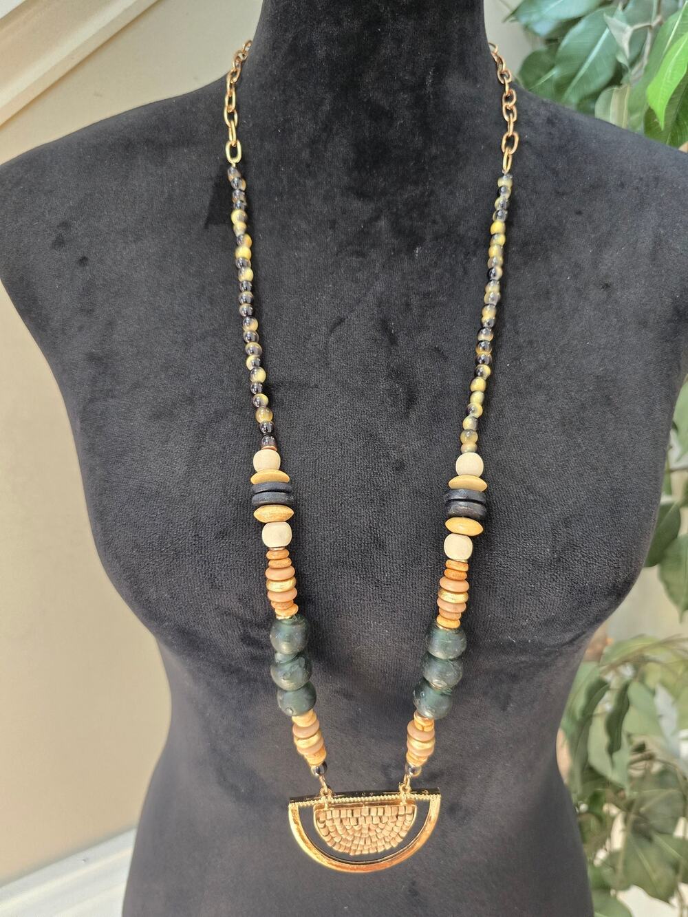 C 1946 Long Multicolor Beaded Necklace Gold Tone Geometric Pendant